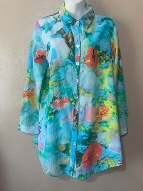 13. Toofan size size L Lightweight Floral Button-Up Top  in Turquoise & Orange